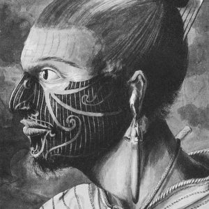 These portraits of two Maori warriors produced by Sidney Parkinson probably show the men from Poverty Bay who visited Endeavour on October 12, 1769. Parkinson wrote in his journal: “Most of them had their hair tied up on the crown of their heads in a knot … Their faces were tataowed, or marked either all over, or on one side, in a very curious manner, some of them in fine spiral directions like a volute, being indented in the skin very different from the rest.