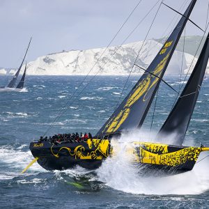 The supermaxi Skorpios, the largest yacht in the race, encounters steep waves as she enters the English Channel