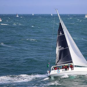 The first evening of the 49th Rolex Fastnet Race was marked by strong winds and steep seas. Fleet Jazzy Jellyfish, Sail n: GBR8529R, Owner: Kevin Armstrong, Boat Type: J/109, Division: IRC