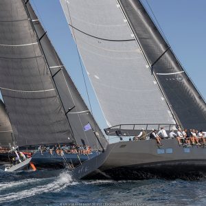 Clash of the 100 footers - Comanche with Leopard and today's winner Y3K above her. Photo Gilles Martin-Raget / Les Voiles de Saint-Tropez