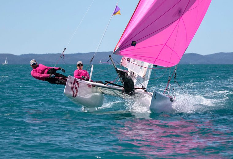 Kerrie in F18 ‘Driver’ seat at Airlie Beach Race Week