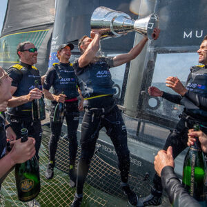 Australia SailGP Team celebrate winning the Mubadala SailGP Season 3 Grand Final with Barons de Rothschild champagne in San Francisco. Sunday 7th May 2023. Photo: Ricardo Pinto for SailGP.