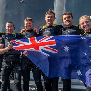 Australia SailGP Team celebrate winning. Photo: Ricardo Pinto for SailGP.