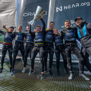 Australia SailGP Team celebrate with the SailGP Championship Trophy on board the F50 catamaran after winning in San Francisco. Sunday 7th May 2023. Photo: Ricardo Pinto for SailGP