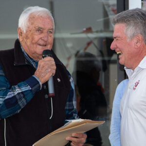 Mooloolaba Yacht Club co-founder Hayden Kenny with MC Robert Stevenson at the opening of the new clubhouse. Photo Mark Dowsett