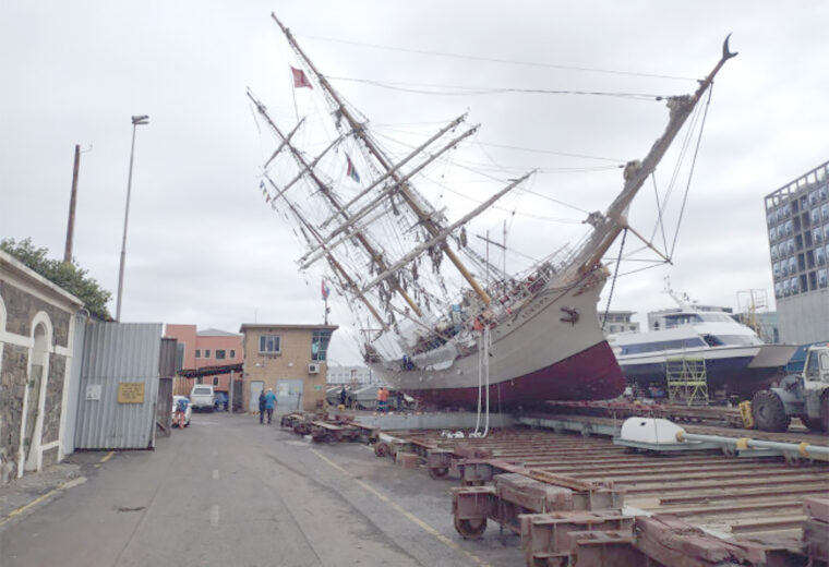 Bark Europa partly falls over in drydock