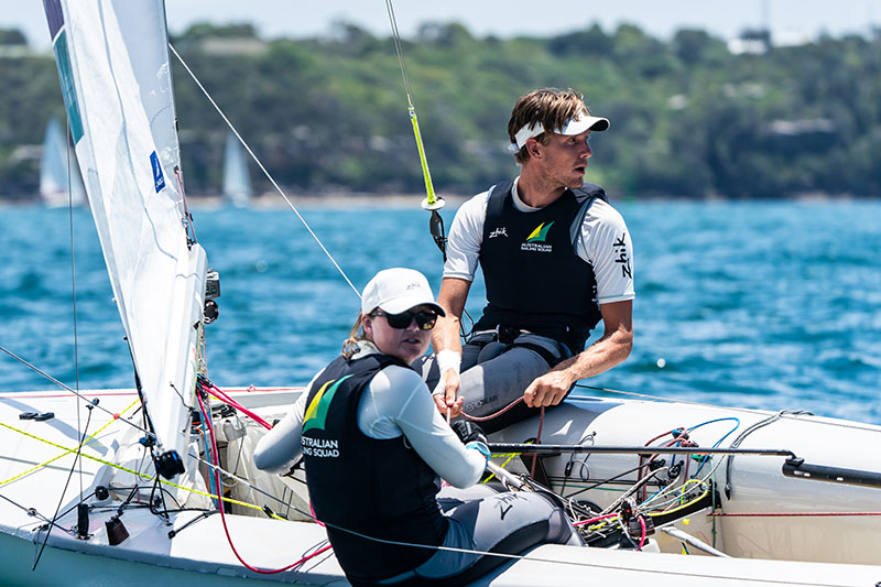 Nia Jerwood and Conor Nicholas (AUS) sailing the Mixed 470 at 2023 Sail Sydney (11-17 December 2022). Photo by Beau Outteridge